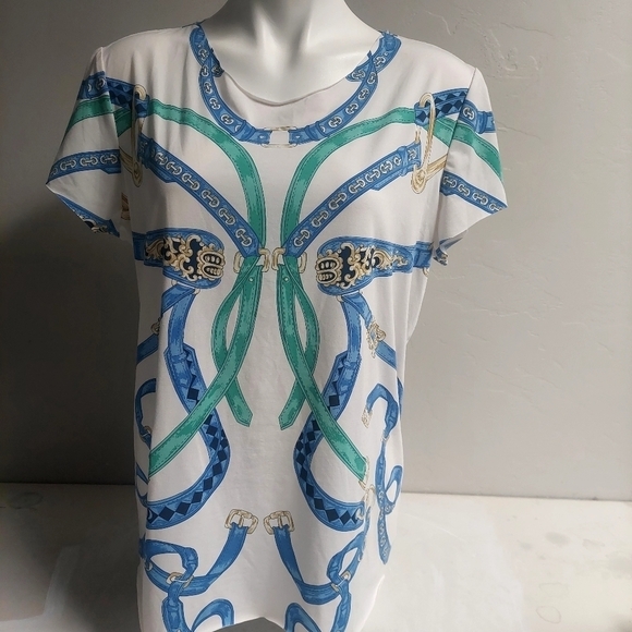 J McLaughlin Top Catalina Cloth Horsebit Seamless Women L Belt Cable Pattern Equ - Picture 1 of 11